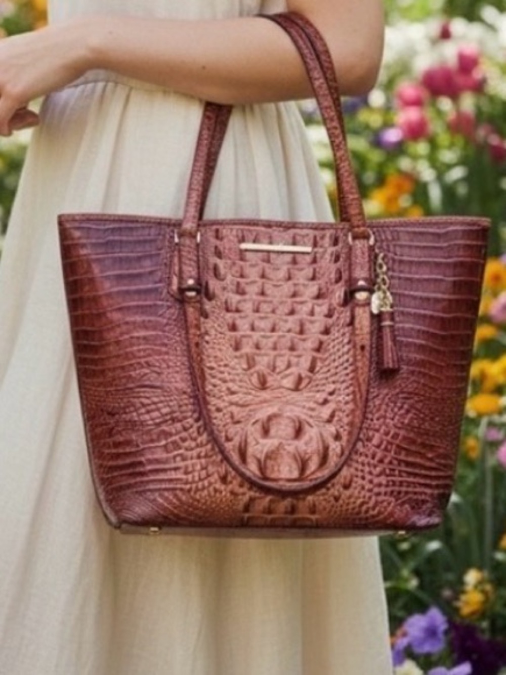 BRAHMIN medium Asher tote, croc embossed leather, pink and red, handles, zip top